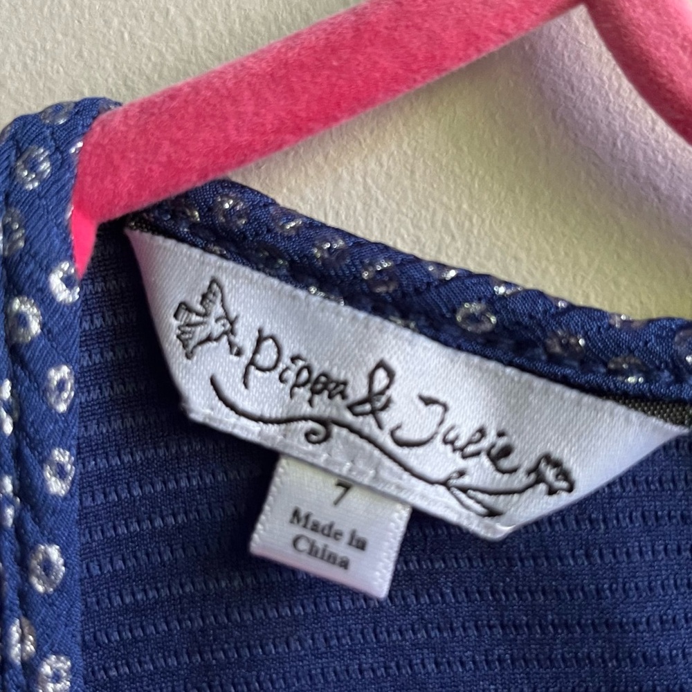 Pippa & Julie | Navy Blue & Silver Dot Ruffle Shoulder Fit and Flair Dress - Picture 3 of 5